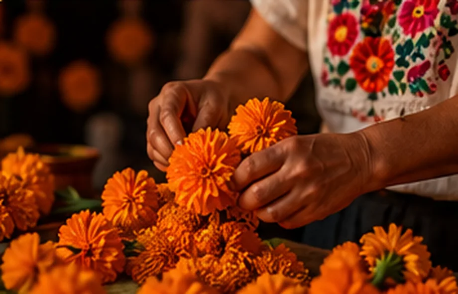 Editorial illustration of traditional cempasúchil marigolds for Día de Muertos