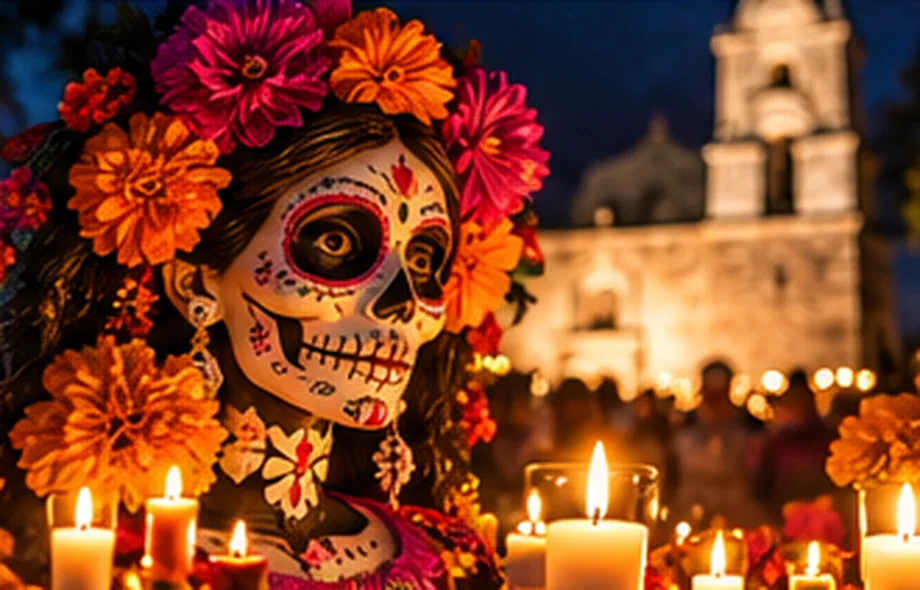 Editorial illustration of La Catrina with cempasúchil flowers for Mexican Day of the Dead culture
