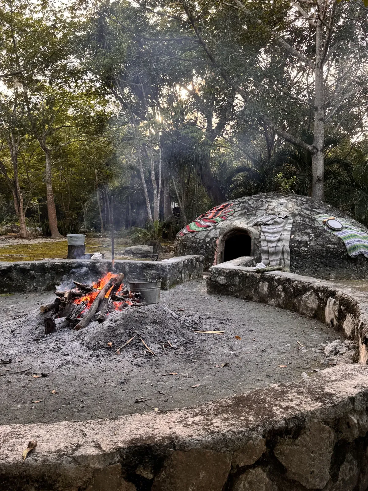 Temazcal dome and fire area surrounded by the jungle